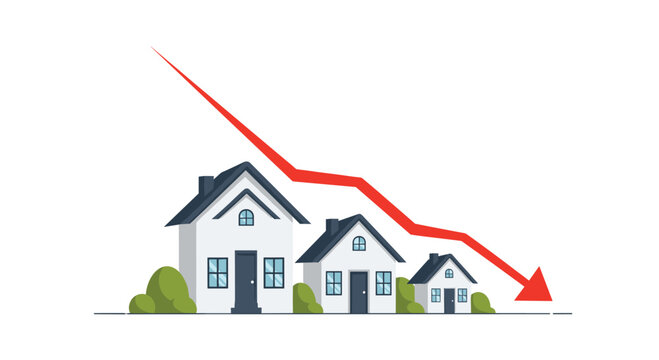 Three white houses of decreasing size shown next to a sharp red arrow pointing downwards to symbolize a falling real estate market trend.