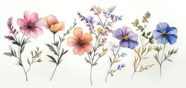delicate watercolor wildflowers in pastel pink, peach, purple and blue with slender stems and soft greenery evoking calm and whimsy