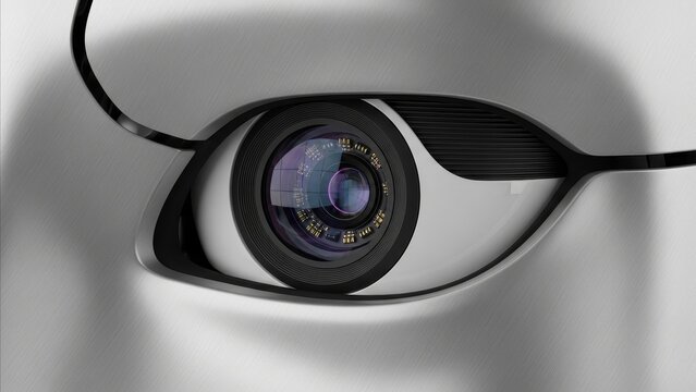 Artificial Intelligence - Close Up of Robot Eye with Camera Lens Revealing Futuristic Machine Vision Technology