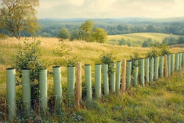 Obraz premium row of green tree shelters and wooden fence posts along a grassy meadow with young saplings in golden light over rolling hills, serene and hopeful countryside scene