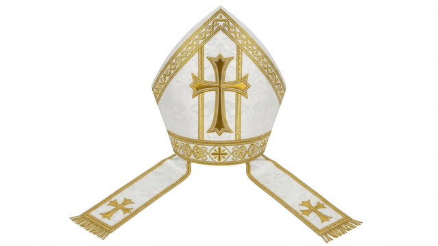 White bishop's mitre with gold cross and ornate trim isolated on a transparent background