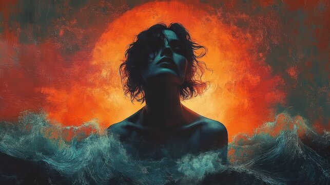 Solitary figure rising from dark teal waves under a glowing orange halo, face turned upward in a mix of anguish and resolve
