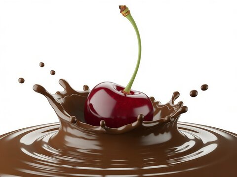 Fresh red cherry falling into melted chocolate with a beautiful splash against a white background