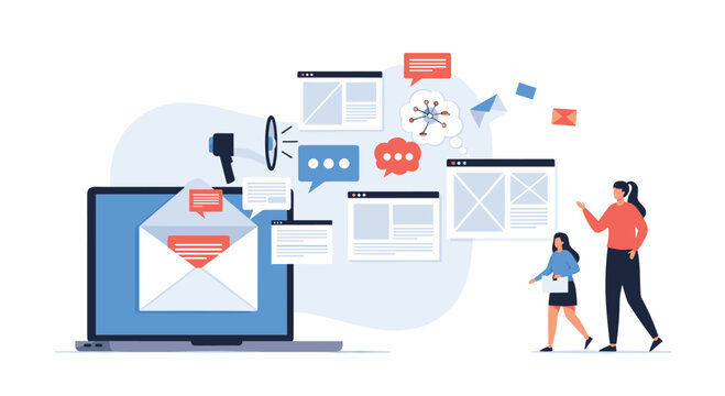 Email marketing and digital communication concept shows laptop with flying envelopes and website windows near walking people.