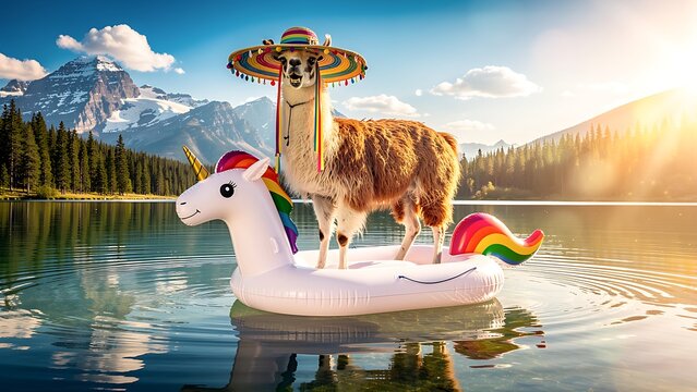 Llama wearing colorful sombrero standing on giant inflatable unicorn pool float in calm mountain lake. Summer vacation concept with funny animal travel. Joyful holiday leisure activity.