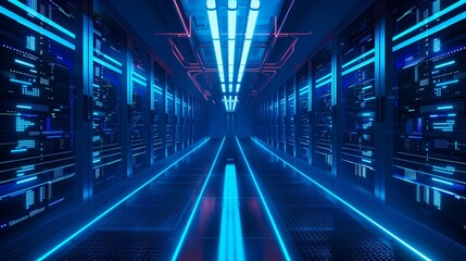 Fototapeta premium Server room with glowing blue airflow lines moving between racks, cooling efficiency concept, dark tech background.