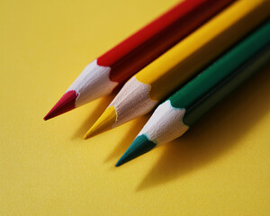 Fototapeta premium Four colored pencils on yellow background with white tips