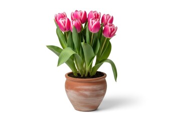 Obraz premium Vibrant tulips in a clay pot, creating a delightful floral arrangement