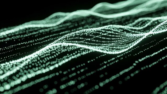 Technology - Glowing Green Binary Data Waves Flowing in Abstract Digital Particle Stream on Dark Background
