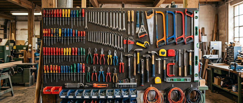 A well-organized tool wall displaying various hand tools for repair and craftsmanship