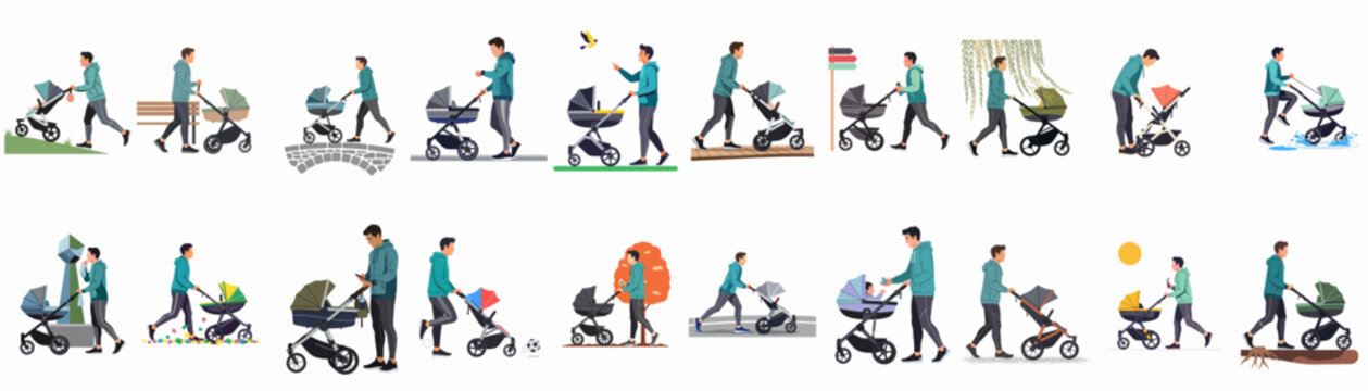 Collection of 20 vector illustrations showing a father pushing a baby stroller during various outdoor activities and seasons, including jogging, walking, and feeding.