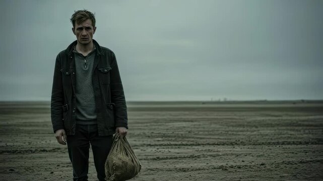 Sad man walking alone across a vast empty muddy field carrying a sack. Refugee traveling through desolate landscape. Survival, loneliness and migration concept.