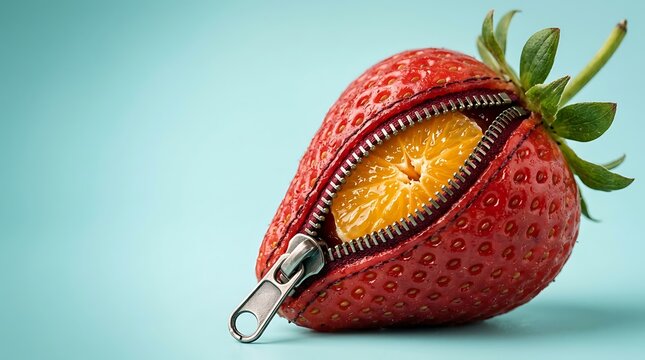 Strawberry dengan ritsleting terbuka memperlihatkan isi jeruk segar, ide kreativitas rasa baru