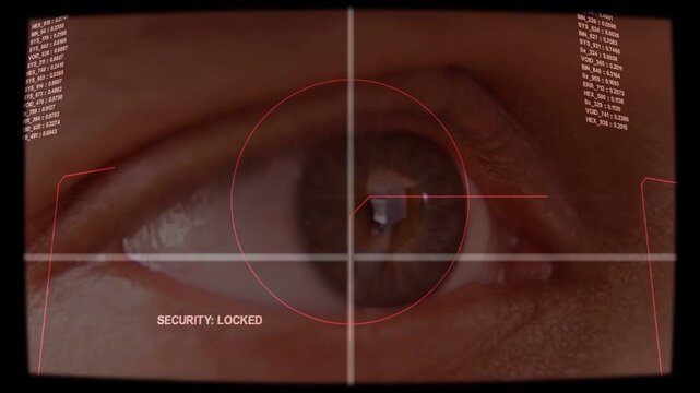 Right eye showing pupil glint in security HUD, reticle tightening, scanning authenticating access