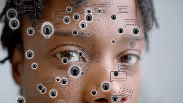 Man keeping eyes closed while social media avatar icons growing over face, causing eyes opening