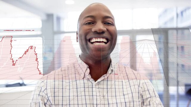 Man turning toward camera and laughing, red finance charts expanding over face showing growth