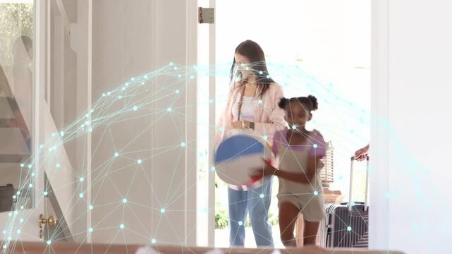Child and parents coming on door opening placing beachball on couch tech mesh sweeping across room