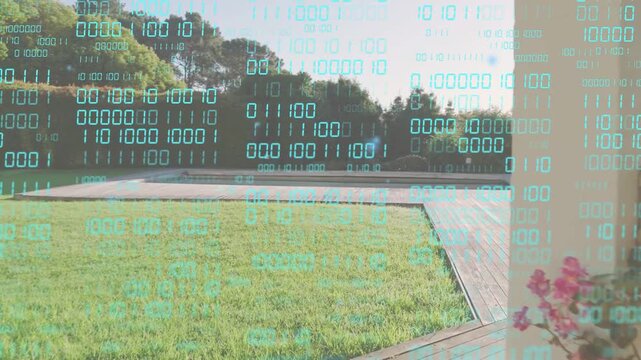 Camera panning porch pots sliding, revealing pool; teal binary overlay shifting for real estate
