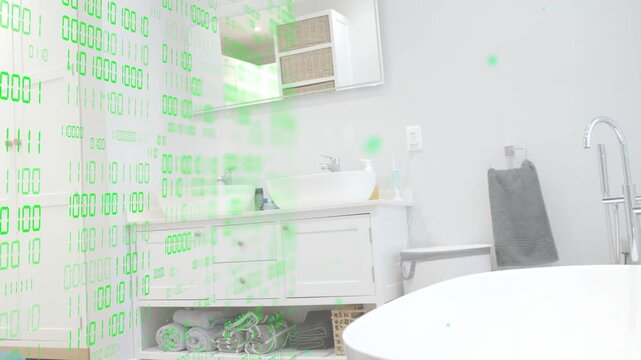 Bathtub and dual-sink vanity unveiling as green binary overlay drifting right to showcase interiors