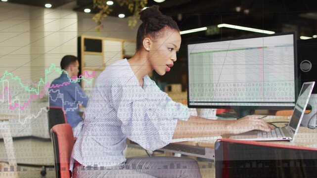 Analyst typing on laptop, causing finance charts and waveforms to animate on screen, reviewing data