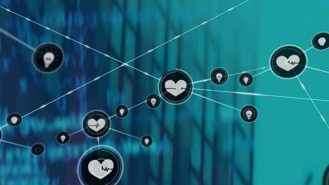 Central heart hub getting top-left line, causing health network growth, spawning heart bulb nodes