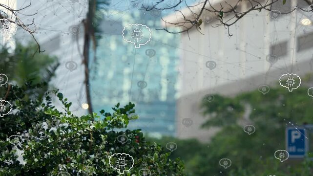 Pedestrians entering frame walking past hedge, brain-chip icons hovering above heads for tech study