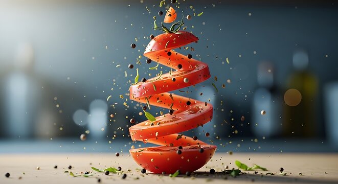 Tomat Spiral Segar Terbumbui Dengan Bumbu, Lada, dan Daun Herbs Melayang di Udara, Konsep Makanan Sehat & Kuliner