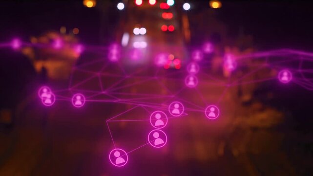 Lights sweeping starting magenta net fading over road pulsing clusters forming triad showing links