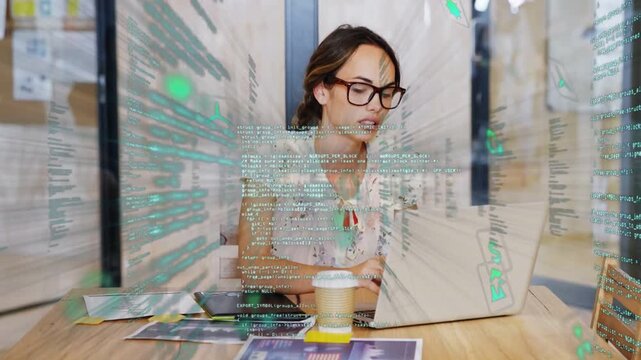 Woman typing on laptop and activating green HUD showing stress then refocusing for technology work