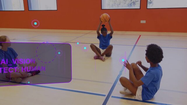 3 girls passing basketball in PE left releasing arcing pass center for practice purple HUD hiding