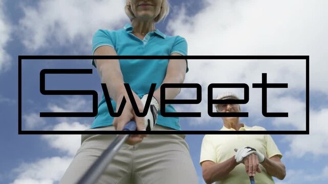 Woman gripping golf club and partner adjusting grip, glitch revealing Sweet wordmark branding