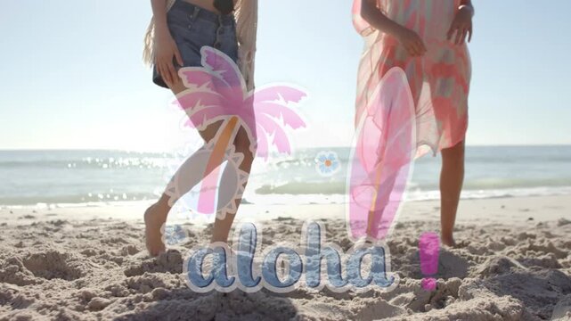 Four friends one nudging ball for fun passing and rolling right while aloha travel graphics overlay