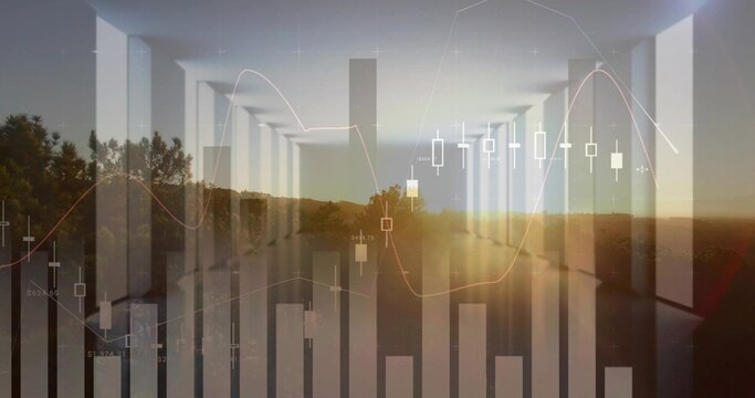 Merging transparent financial charts with column corridor at sunset, showing candlestick and trends