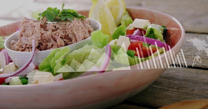 Displaying ceramic bowl holding salad with ramekin of tuna on weathered table, with data overlays