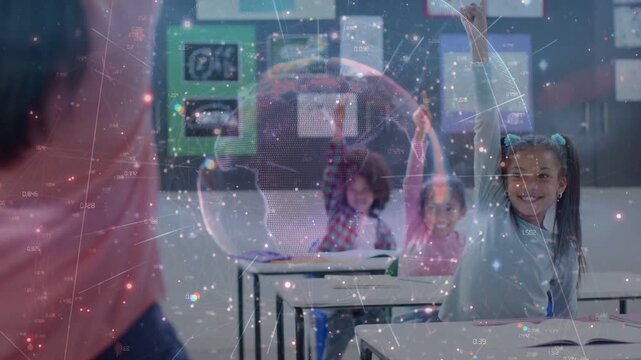 Teacher asking question kids raising hands in class as glowing sphere grid growing marking interest
