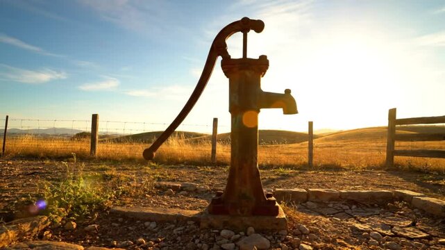 Rustic metal water pump standing tall outdoors on a sunny day with golden light and a countryside background