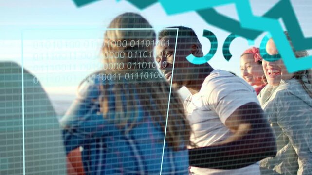 Group of six sitting seaside, friend tapping smartphone activating HUD graphs for analysing data