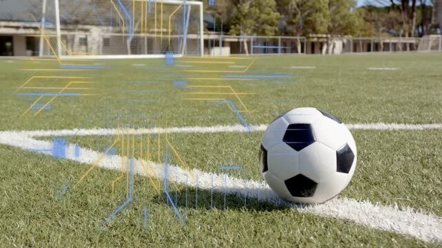 On frame start, AR circuits appearing near soccer ball, drifting, pulsing, showing tactical data