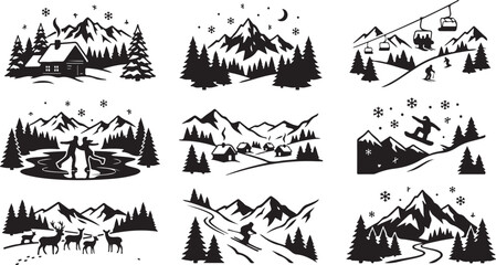 Fototapeta premium Collection of nine black and white winter landscape featuring snowy mountains, pine forests, cozy cabins, skiing, snowboarding, ice skating, chairlifts, and wild deer in nature