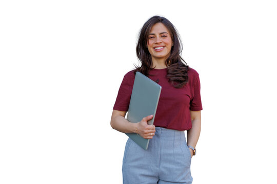 Smiling woman holding laptop, a happy professional and student working remotely for education and business success