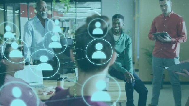 Standing woman holding folder speaking causing user icons and bits expanding business team clapping