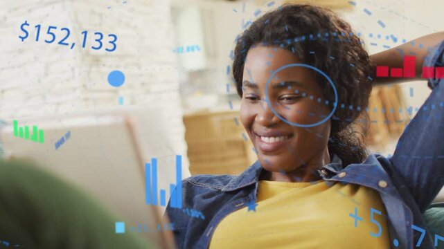 Woman reclining on couch tapping tablet, viewing animated finance charts and checking dollar values