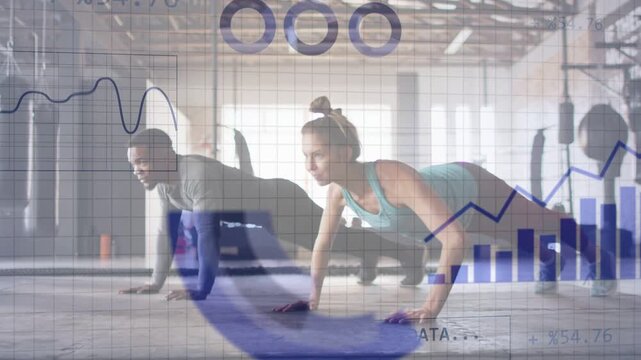 Woman leading, man trailing doing push-ups in gym, reps starting charts collecting analysing data