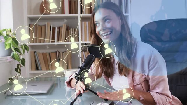 Pod host leaning and speaking to mic tapping phone starting network overlay expanding showing reach