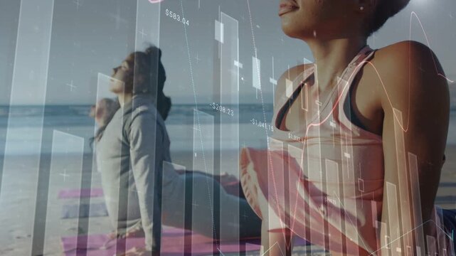 Two women doing yoga backbends on beach, camera closing in while finance charts rising for insight