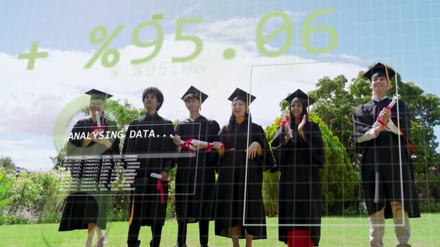 Seven graduates celebrating, clapping and sparking cap toss, HUD analysing data overlaying faces