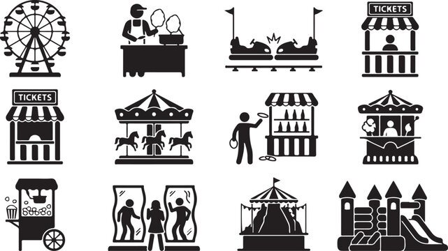 Set of black and white carnival and amusement park featuring a ferris wheel, carousel, bumper cars, ticket booths, popcorn cart, cotton candy vendor, ring toss game, and bouncy castle