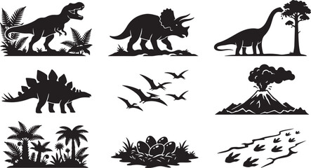 Set of black dinosaur silhouettes featuring a t-rex, triceratops, brachiosaurus, stegosaurus, pterodactyls, an erupting volcano, prehistoric palm trees, a nest with eggs, and fossilized footprints © MdAbu