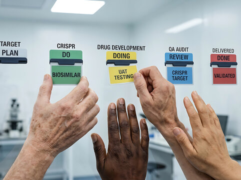 Diverse team collaborates on biotech research and development using a Kanban board for drug discovery and validation