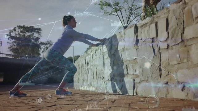 Woman doing wall lunges in urban plaza, HUD graphics appearing and providing fitness form feedback